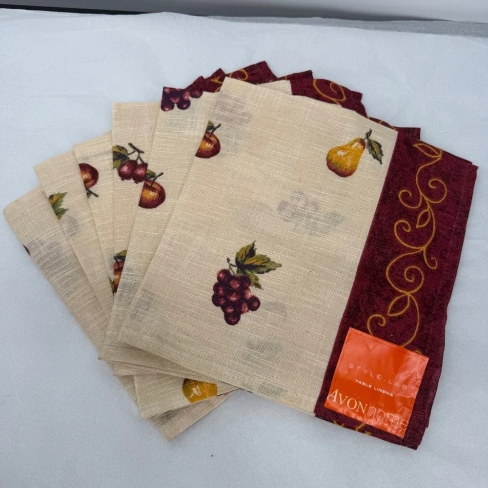 Avon Cloth Napkins Home Style Lab 6pc NEW Table Linens Fruit Print Scroll Edge